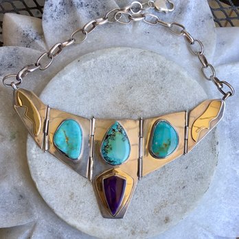 Gypsy Road Studio - Stunning Modernist Brilliant Blue Turquoise Purple Sugilite Sterling Silver Silver Panel Vintage Bib Necklace - Antiques Near Me - Ashland, Oregon