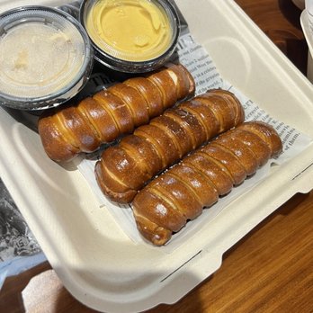 Green River Brewing & Taproom - Pretzels with mustard and cheese dip but the cheese was not warm, instead cold and chunky - Breweries Near Me - Winters, California Green River Brewing & Taproom - Pretzels with mustard and cheese dip but the cheese was not warm, instead cold and chunky - Breweries Near Me - Winters, California