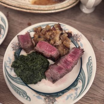 Peter Luger - My portion of ribeye, porterhouse, spinach and German potatoes. - Steakhouses Near Me - Brooklyn, New York