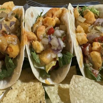 Shots - Bang Bang Shrimp Tacos    served with tortilla chips and house made pineapple salsa - Summer Menu 2024 - Burgers Near Me - Grand Rapids, Michigan