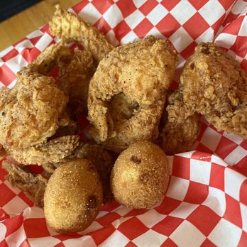 The Crab Hut - Popcorn Shrimp Basket with hush puppies - Seafood Near Me - Athens, Georgia The Crab Hut - Popcorn Shrimp Basket with hush puppies - Seafood Near Me - Athens, Georgia
