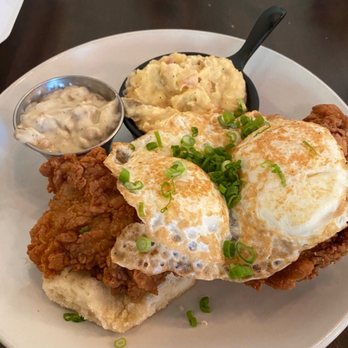 Grace & Grit - Fried Chicken with eggs and biscuit plus cheesy skillet mash. - Southern Near Me - Mount Pleasant, South Carolina Grace & Grit - Fried Chicken with eggs and biscuit plus cheesy skillet mash. - Southern Near Me - Mount Pleasant, South Carolina