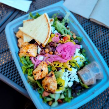 Luna Grill El Camino Real - Greek salad with added chicken kabob skewer - Mediterranean Near Me - Carlsbad, California Luna Grill El Camino Real - Greek salad with added chicken kabob skewer - Mediterranean Near Me - Carlsbad, California