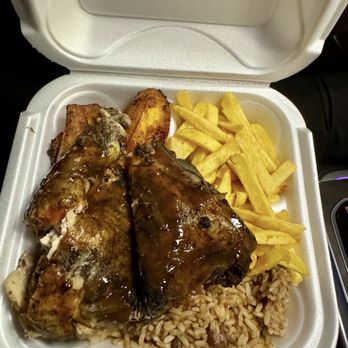 Jamaican On The Go - Jerk chicken, rice and peas, plantains and fries - Caribbean Near Me Jamaican On The Go - Jerk chicken, rice and peas, plantains and fries - Caribbean Near Me