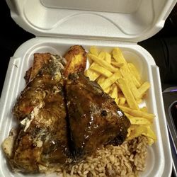 Jamaican On The Go - Jerk chicken, rice and peas, plantains and fries