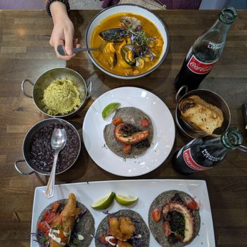 Holbox - Taco De Pulpo En Su Tinta Baja Shrimp Taco Baja Fish Taco Sopa de mariscos Side of rice Side of beans Mexican Coke - Latin American Near Me - Los Angeles, California Holbox - Taco De Pulpo En Su Tinta Baja Shrimp Taco Baja Fish Taco Sopa de mariscos Side of rice Side of beans Mexican Coke - Latin American Near Me - Los Angeles, California