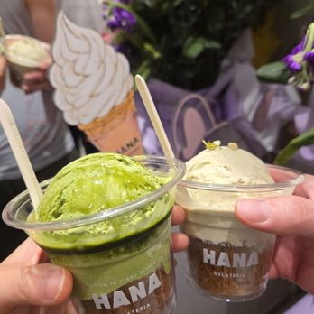 Hana Gelateria - Matcha and Jasmine with waffle cones on the bottom - Ice Cream & Frozen Yogurt Near Me - Queens, New York