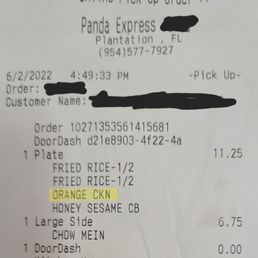 Receipt clearly says "Orange Ckn". Receipt clearly says "Orange Ckn".