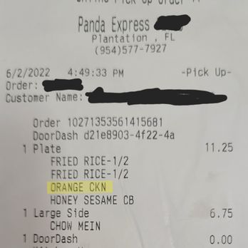 Panda Express - Receipt clearly says "Orange Ckn". - Chinese Near Me - Plantation, Florida Panda Express - Receipt clearly says "Orange Ckn". - Chinese Near Me - Plantation, Florida