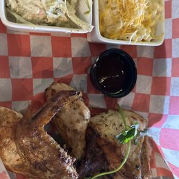 Smoked chicken with Coleslaw and Mac-n-cheese.