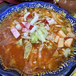 Antojitos Mex Sandy - Pozole Rojo (chico/small) with chicken $115 pesos - pretty good! Fresh veggies added crunch