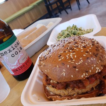 Veggie Grill by Next Level - White bean chili burger with side of pasta salad and a Mexican Cola - Vegan Near Me - Burbank, California Veggie Grill by Next Level - White bean chili burger with side of pasta salad and a Mexican Cola - Vegan Near Me - Burbank, California