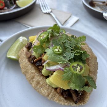 STOA - Lamb & pork Al pastor chalupa with pineapple & avocado salsa - my favorite thing we tried delish - Cocktail Bars Near Me - San Francisco, California
