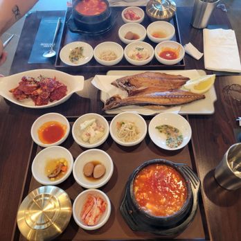9 Dish Tofu House - Full table of food - Korean Near Me - Tustin, California