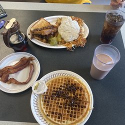 Waffle House - Chocolate Milk, Waffle, Bacon, Bacon Texas Cheesesteak Melt With Hashbrowns