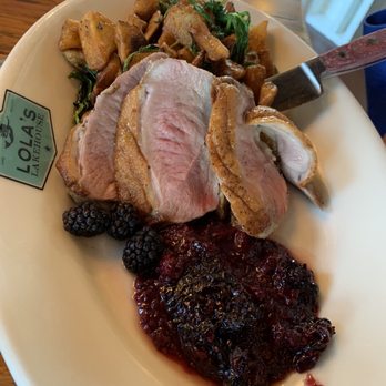 Lola's Lakehouse - Roasted duck breast with fried heirloom potatoes and blackberry compote. - American Near Me - Waconia, Minnesota Lola's Lakehouse - Roasted duck breast with fried heirloom potatoes and blackberry compote. - American Near Me - Waconia, Minnesota