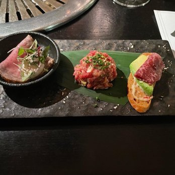 YAZAWA - From left to right: Wagyu Tataki with Ponzu Sauce, Wagyu Tartar / Egg Yolk, and I forget the name of the dish on the right - Japanese Near Me - Beverly Hills, California YAZAWA - From left to right: Wagyu Tataki with Ponzu Sauce, Wagyu Tartar / Egg Yolk, and I forget the name of the dish on the right - Japanese Near Me - Beverly Hills, California