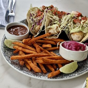 The 908 - Fish tacos with pickled onions, salsa and sweet potato fries. - New American Near Me - Long Beach, California The 908 - Fish tacos with pickled onions, salsa and sweet potato fries. - New American Near Me - Long Beach, California