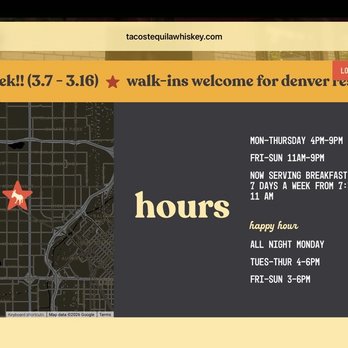 Tacos Tequila Whiskey - Website states happy hour is 3-6, Fri thru Sunday, but we came at 3:15 on a Saturday and were told that happy hour did not start until 4:00. - Whiskey Bars Near Me - Denver, Colorado