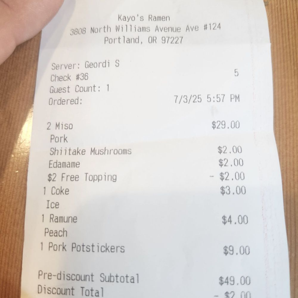 Kayo's Ramen - being charged for "free items" and it shows that they were charging for ADD ON prices ($2) instead of additional which is $1. - Ramen Near Me - Beaverton, Oregon Kayo's Ramen - being charged for "free items" and it shows that they were charging for ADD ON prices ($2) instead of additional which is $1. - Ramen Near Me - Beaverton, Oregon