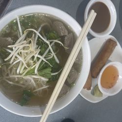 Pho Thien Phat - Pho meatball and shrimp rolls with a side of peanut sauce.
