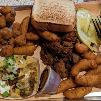 The Original Q Shack - Brisket plate with baked potato casserole and fried okra - Barbeque Near Me - Durham, North Carolina The Original Q Shack - Brisket plate with baked potato casserole and fried okra - Barbeque Near Me - Durham, North Carolina