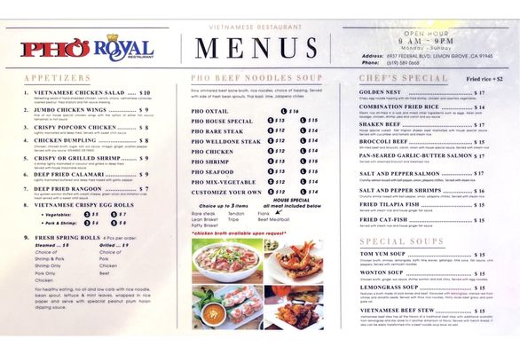 Menu photo 1 Pho Royal Lemon Grove, CA