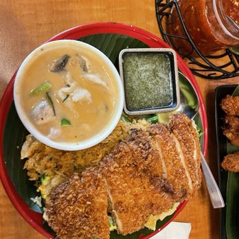 Laos Kitchen - Crispy Chicken Served over bed of fried rice & coconut soup - Laotian Near Me - San Rafael, California Laos Kitchen - Crispy Chicken Served over bed of fried rice & coconut soup - Laotian Near Me - San Rafael, California