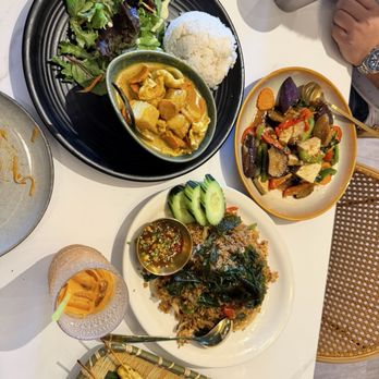 Golden Spoon - Yellow Curry Tray Stir Fried EggplantsEggplant Basil Fried rice - Thai Near Me - Modesto, California