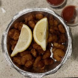 Pete's Pizza - Shrimp appetizer: one pound with cocktail sauce. I forgot to say no lemon. It's about. 7 on a scale to 10.