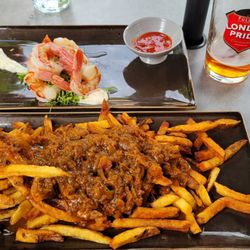 The Church Key Bistro-Pub - Curry chips and Thai shrimp and London Pride Ale