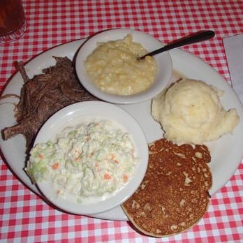 Bell Buckle Cafe - Pot Roast dinner with creamed corn, slaw & mashed potato - American Near Me - Bell Buckle, Tennessee