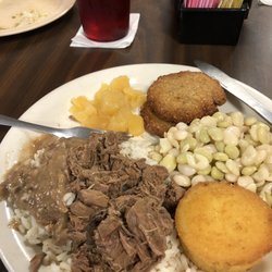 Norris's Fine Foods - A selection from the buffet. Beef & rice, rutabagas & limas. What I thought was fried green tomatoes turned out 2 be salmon patties.