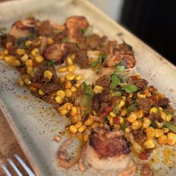 Scallops with corn & chorizo hash + parsnip puree