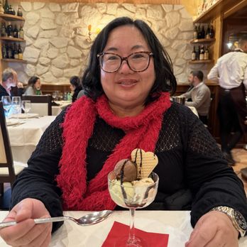 Ristorante Vladimiro - Eating my delicious three scoop gelato in three flavors (chocolate, pistachio, and hazelnut), heart-shaped waffle cookie and chocolate sauce - Italian Near Me - Rome, RM