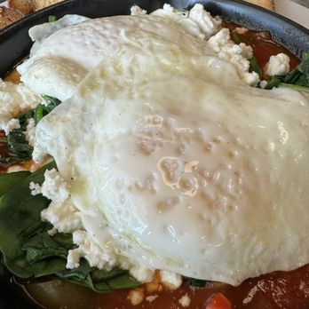 PJ's Pancake House - Shakshuka (eggs over easy, tomato sauce, spinach, feta with crunchy toast) - American Near Me - West Windsor, New Jersey