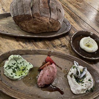 Esther's Kitchen - Sourdough bread with three spreads (really liked the basil ricotta & anchovy butter) - Italian Near Me - Las Vegas, Nevada