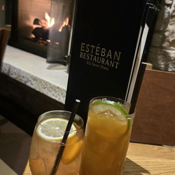 Esteban Restaurant - drinks by the fire place, Happy Hour menu House Sangria and Shiver Me Timbers - Spanish Near Me - Monterey, California