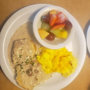 Reveille Coffeehouse Cafe - Biscuits and gravy with cheese scrambled eggs and friut. - Cafes Near Me - Marietta, Georgia