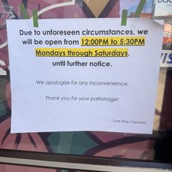 One Stop Cleaners - Open from 12pm - 5:30pm Monday - Saturday until further notice!