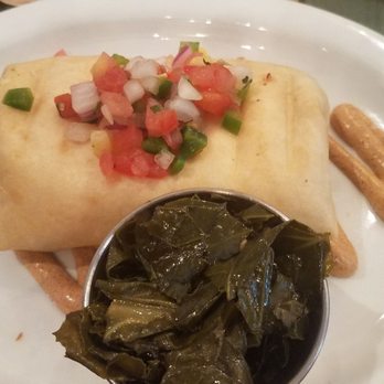Treylor Park - Burrito with eggs, cheese, sausage/ collard greens - New American Near Me - Savannah, Georgia