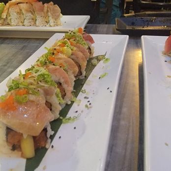 Ginzaya - Spicy garlic edamame The Hawaiian Roll (right), Seared bluefin, and Rainow Roll. - Japanese Near Me - La Mirada, California Ginzaya - Spicy garlic edamame The Hawaiian Roll (right), Seared bluefin, and Rainow Roll. - Japanese Near Me - La Mirada, California