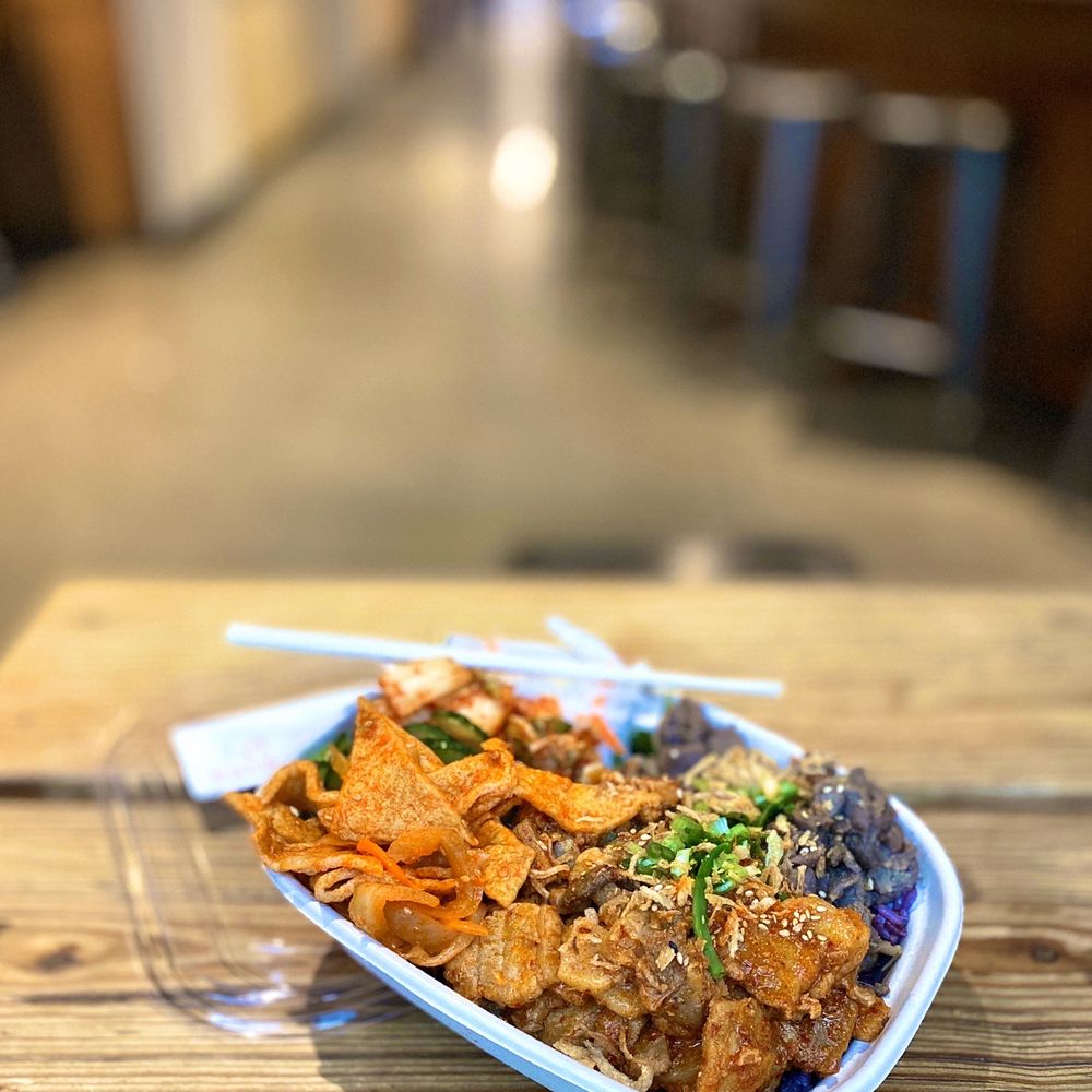 Matko - 2-Item Entrée ($12.95) w/ Spicy Pork + Bulgogi (+$1), 1/2 purple rice, 1/2 salad, pickled radish, kimchi, cucumber, fish cakes - Korean Near Me - San Francisco, California Matko - 2-Item Entrée ($12.95) w/ Spicy Pork + Bulgogi (+$1), 1/2 purple rice, 1/2 salad, pickled radish, kimchi, cucumber, fish cakes - Korean Near Me - San Francisco, California