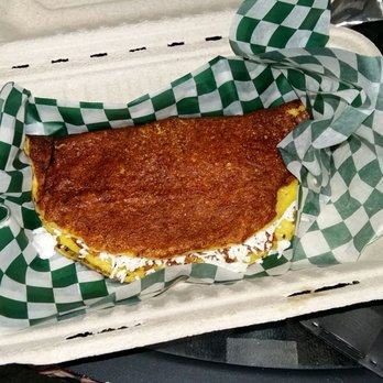 Avila Arepa - Cachapa with feta in lieu of queso de mano. - Venezuelan Near Me - Edmonton, Alberta Avila Arepa - Cachapa with feta in lieu of queso de mano. - Venezuelan Near Me - Edmonton, Alberta