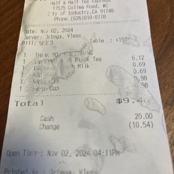 Half & Half Tea Express - Receipt - Coffee & Tea Near Me - Rowland Heights, California
