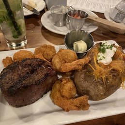 Filet mignon with fried shrimp and loaded baked potato!