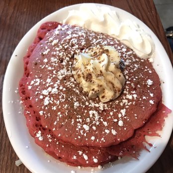 The Jagged Fork - Red Velvet Pancakes w/ cream cheese frosting. - Breakfast & Brunch Near Me - Grosse Pointe, Michigan The Jagged Fork - Red Velvet Pancakes w/ cream cheese frosting. - Breakfast & Brunch Near Me - Grosse Pointe, Michigan