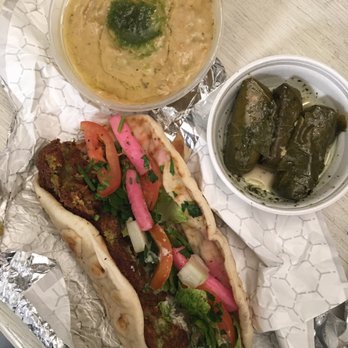 Pita Shack - Falafel sandwich with pickled turnip, baba ghanoush, and dolmas - Mediterranean Near Me - Pflugerville, Texas Pita Shack - Falafel sandwich with pickled turnip, baba ghanoush, and dolmas - Mediterranean Near Me - Pflugerville, Texas