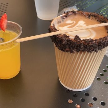 Bistro Cafe - Cafe latte with nutrella oreo rim & mimosa!! - Breakfast & Brunch Near Me - Miami, Florida Bistro Cafe - Cafe latte with nutrella oreo rim & mimosa!! - Breakfast & Brunch Near Me - Miami, Florida