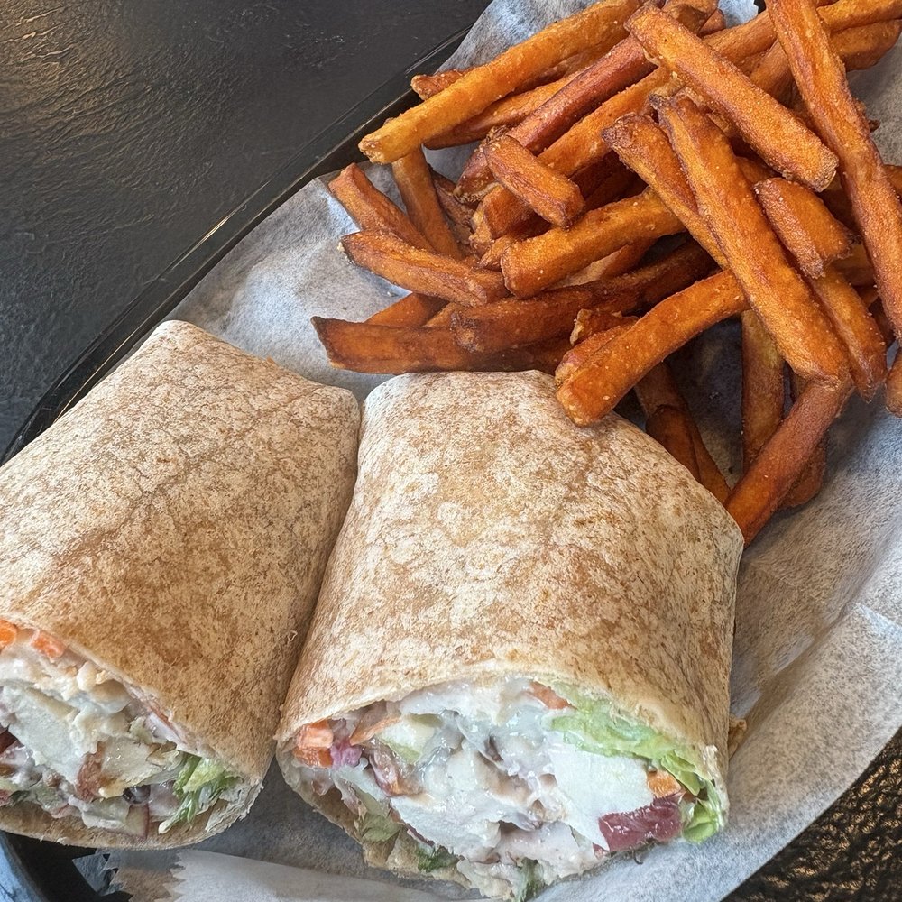 Cherry chicken salad wrap and sweet potato fries